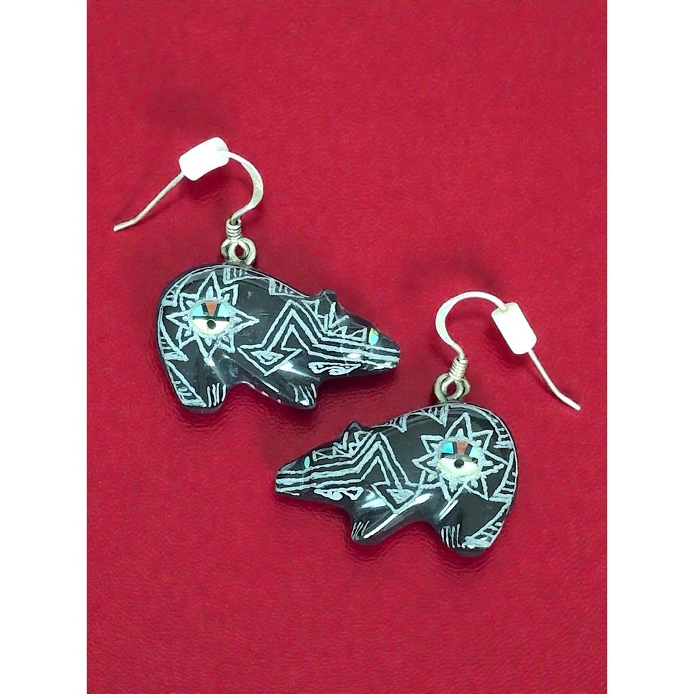 Zuni Bear Fetish Earrings Signed Dilbert Gasper? Black Marble Zuni Sunface Inlay